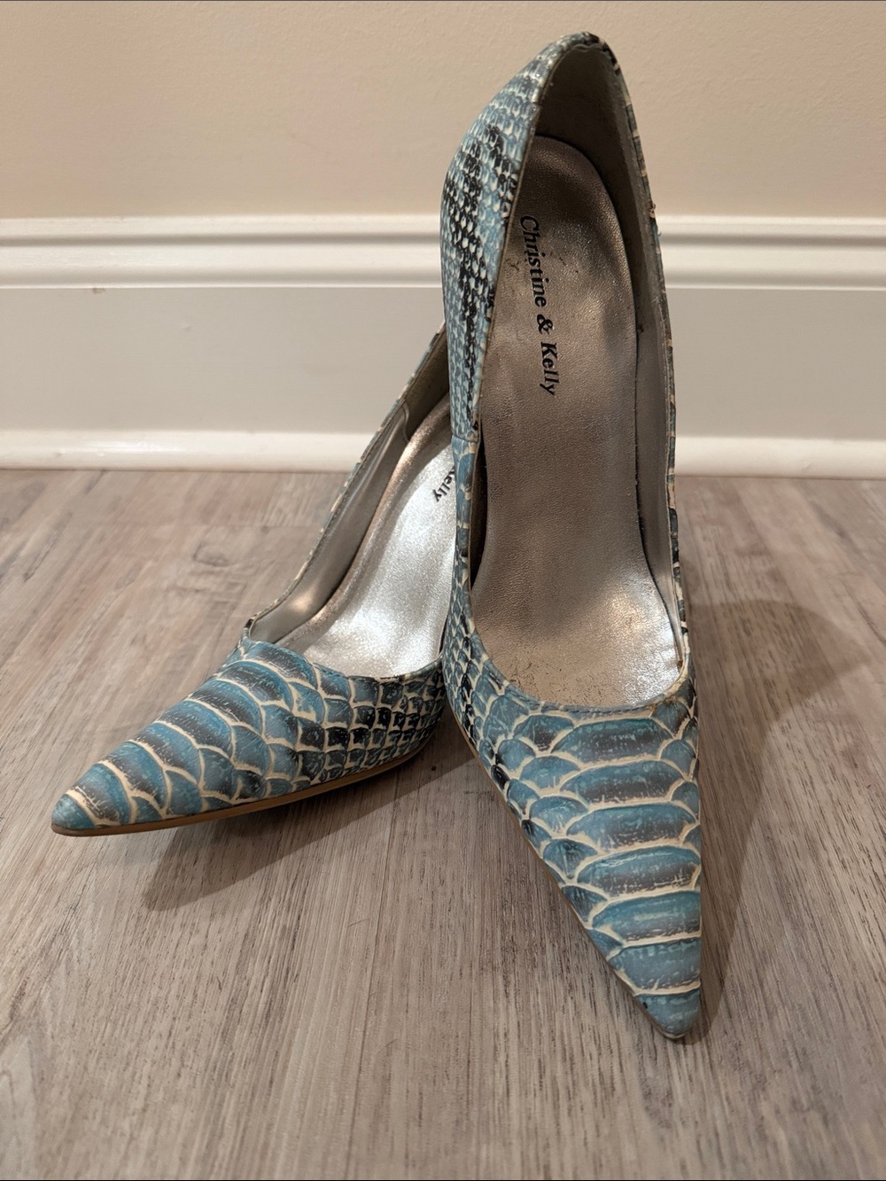 Blue Snakeskin Pointed-Toe Pumps